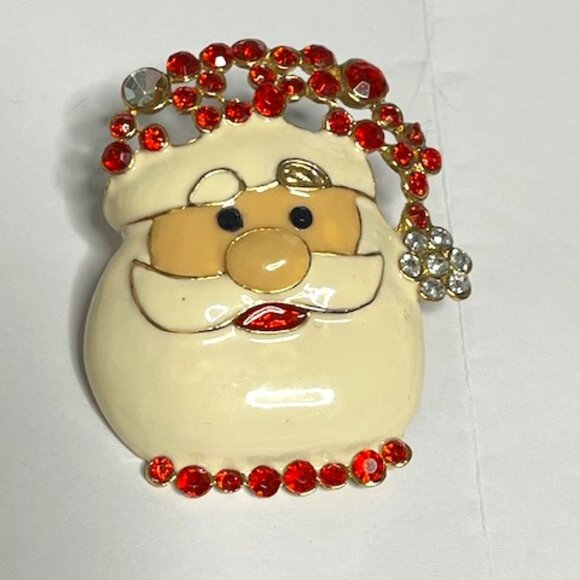 VTG Enamel Gold Tone Santa Rhinestones Christmas Holiday Brooch Pin 2"x2.25" - Picture 1 of 10